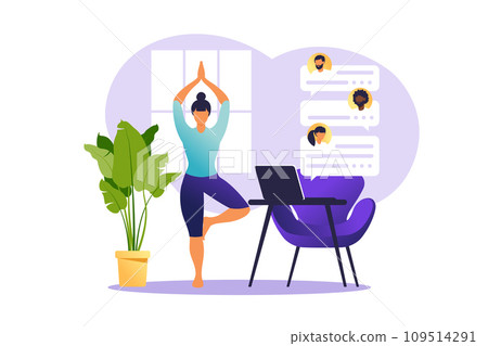 Concept freelancer woman practicing yoga and meditation on home. The girl sits in the lotus position, the thought process, the inception and the search for ideas. Time management. Vector illustration. 109514291