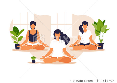 Yoga group. Position balance and stretching. People sitting together in the lotus position, they are practicing mindfulness meditation and yoga, healthy lifestyle and spirituality concept. Vector. 109514292