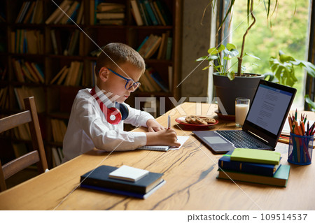 Little boy child studying at home table sitting front of computer laptop 109514537