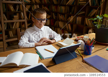 Cute smart boy schoolchild studying online using electronic device for learning Cute smart boy schoolchild studying online using electronic device for learning 109514553