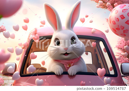 rabbit on pink car with pink flower rabbit on pink car with pink flower 109514787