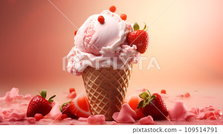 pink ice cream with strawberry in cone 109514791