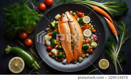 Salmon fish with vegetables on a black plate. Healthy food. Generative AI Salmon fish with vegetables on a black plate. Healthy food. Generative AI 109514978