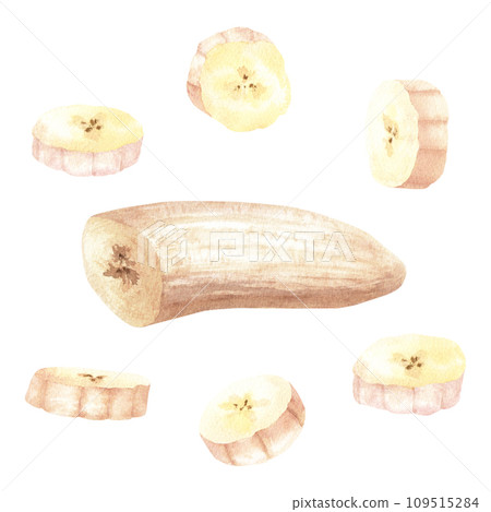 Edible peeled sliced fruit banana. Hand drawn watercolor food illustration isolated on white background. For clip art cards menu label package 109515284