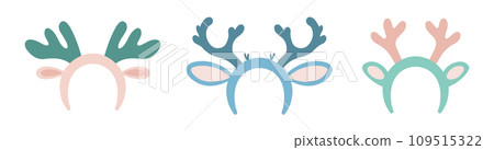 Reindeer Antlers Headband Set. Vector illustration. Pastel Green and Pink color. Christmas Accessory 109515322