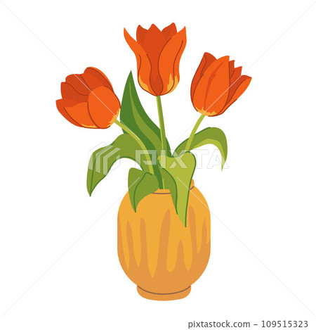 Red tulips vase in flat style on white background. Spring bouquet. Vector illustration. Red tulips vase in flat style on white background. Spring bouquet. Vector illustration. 109515323