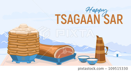 Traditional dishes for the celebration of the Mongolian New Year - Tsagaan Sar. Pies and cottage cheese. Roasted sheep's groats and milk tea against the backdrop of a winter landscape. Vector. Traditional dishes for the celebration of the Mongolian New Year - Tsagaan Sar. Pies and cottage cheese. Roasted sheep's groats and milk tea against the backdrop of a winter landscape. Vector. 109515330