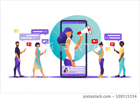 Characters - influencer marketing concept - blogger promotion services and goods for his followers online 109515334