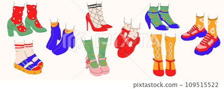 Collection of womens shoes icons with and without heels.Shoes,slippers, sneakers in a trendy style. isolated.Vector Collection of womens shoes icons with and without heels.Shoes,slippers, sneakers in a trendy style. isolated.Vector 109515522