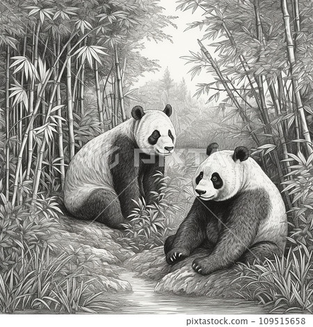 Panda, Ailuropoda melanoleuca, Chinese bamboo bear, cute animal, black and white drawing, portrait, engraving style 109515658
