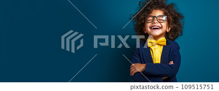 AI-generated content. cute funny laughing boy in managerial suit with tie on blue background, banner with copy space 109515751
