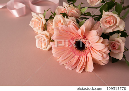 Gerbera and roses fresh flower closeup over pink background. Feminine greeting card Gerbera and roses fresh flower closeup over pink background. Feminine greeting card 109515778