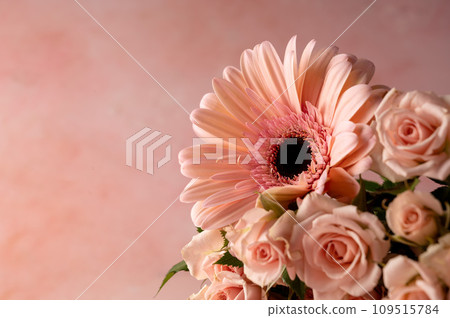 Gerbera fresh flower and roses over pink background. Abstract floral wallpaper, copy space Gerbera fresh flower and roses over pink background. Abstract floral wallpaper, copy space 109515784