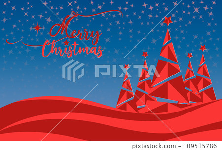 Winter landscape with abstract trees banner and Merry Christmas typography greetings. Holiday Web Red background with starry blue sky, gif card celebration happy new year  109515786