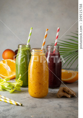 Fresh fruit smoothie bottles, healthy detox drinks. 109515788