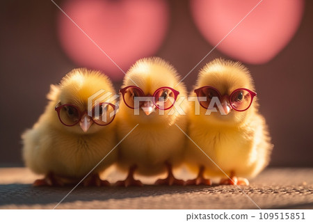 AI-generated content. Cute, funny and cool chicken babies wearing sunglasses. Easter background 109515851