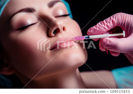 AI-generated content. Lips augmentation concept, beautiful shinny plump lips closeup 109515853