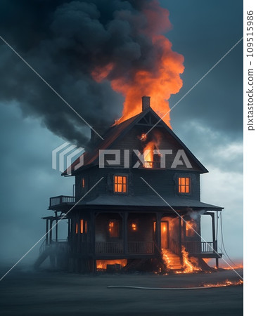 因火災，一棟房屋被大火吞噬並冒出濃煙 109515986