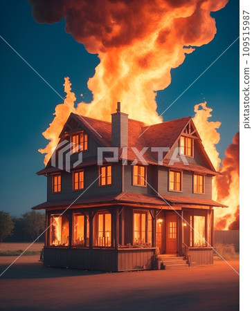 A house engulfed in fire and smoke due to fire 109515987