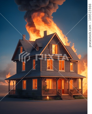 A house engulfed in fire and smoke due to fire 109515988