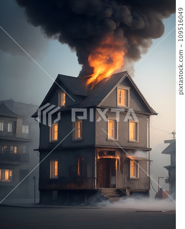 A house engulfed in fire and smoke due to fire A house engulfed in fire and smoke due to fire 109516049