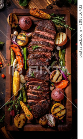 Top view of grilled beef steak and grilled vegetables AI image 109516432