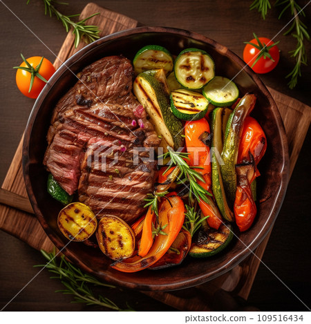 Top view of grilled beef steak and grilled vegetables AI image Top view of grilled beef steak and grilled vegetables AI image 109516434