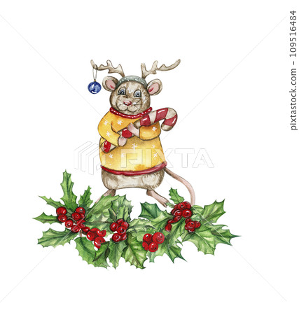 Christmas composition with mice in cartoon style. Watercolor Christmas hand drawn illustration for cards, backgrounds, scrapbooking and your design. Perfect for wedding invitation. 109516484