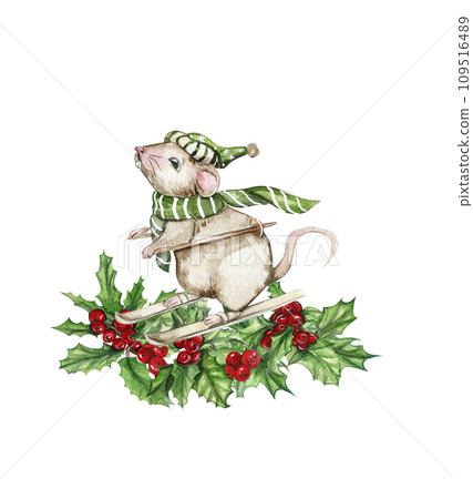 Christmas composition with mice in cartoon style. Watercolor Christmas hand drawn illustration for cards, backgrounds, scrapbooking and your design. Perfect for wedding invitation. 109516489