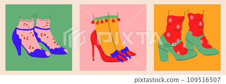 Collection of womens Christmas and New Year costume shoes icons with and without heels in a trendy style.isolated.Vector Collection of womens Christmas and New Year costume shoes icons with and without heels in a trendy style.isolated.Vector 109516507