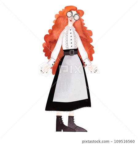 A slender, beautiful, smiling, cheerful young girl with a mop of bright red curls wearing glasses, a white vintage blouse, a black skirt with a white apron and boots with laces. Watercolor hand drawn A slender, beautiful, smiling, cheerful young girl with a mop of bright red curls wearing glasses, a white vintage blouse, a black skirt with a white apron and boots with laces. Watercolor hand drawn 109516560