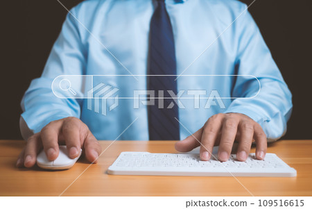 Human hand working on computer and search icon. The concept of searching for information from the internet network. 109516615