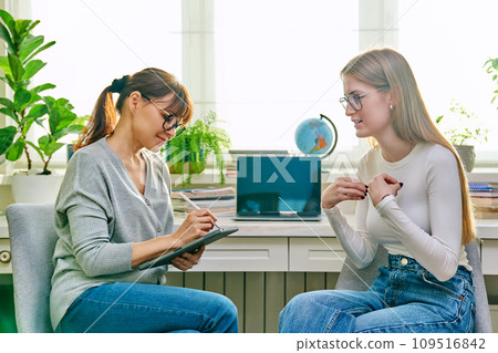 Young teenage girl talking with psychologist, therapist 109516842
