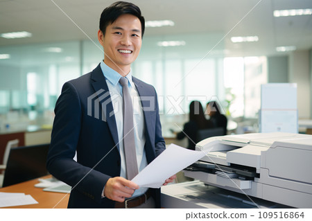 Smiling Asian businessman prints paper on a multifunction laser printer in business office. Document and paperwork. Copy, print, scan, and fax machine. Print technology. Photocopy. Generative AI. 109516864