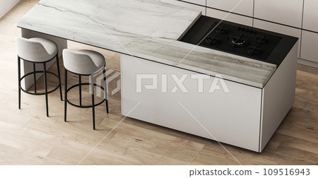 Modern kitchen interior with elegant marble island and stylish bar stools in a minimalist design. 3d render 109516943