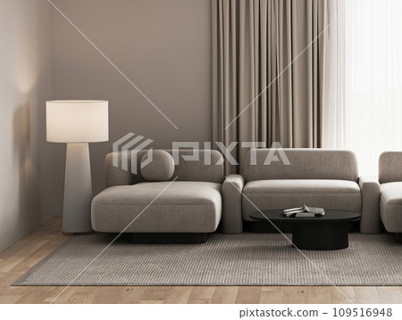 Contemporary living room corner with plush sofas, a classic floor lamp, and elegant drapery. 3d render 109516948