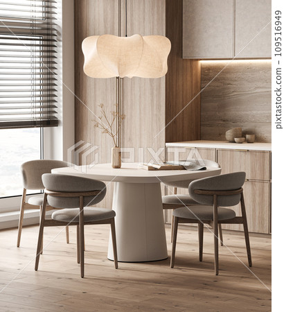 Natural light floods the stylish kitchen dining area with wooden accents and an innovative pendant light. 3d render 109516949