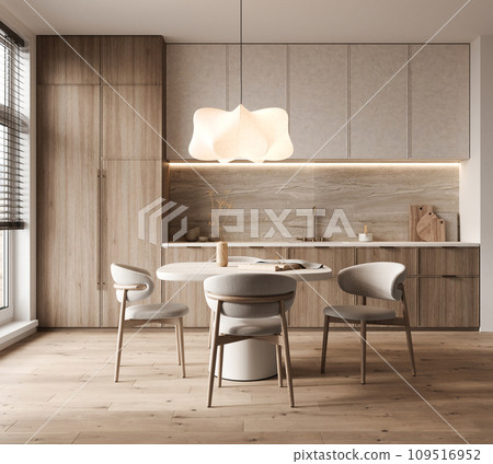 Scandinavian inspired kitchen and dining area with wooden features and a designer pendant lamp. 3d render 109516952