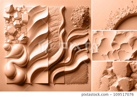 AI-generated content. Peach fuzz is color of year 2024. Textures of cosmetics products surface in collage toned in fashion blended pink-orange trend-setting colour of year Peach Fuzz AI-generated content. Peach fuzz is color of year 2024. Textures of cosmetics products surface in collage toned in fashion blended pink-orange trend-setting colour of year Peach Fuzz 109517076