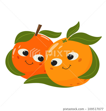 Orange fruit couple in love. Cute fruit characters with faces. Happy Valentine's Day concept, cartoon romantic vector illustration. Orange fruit couple in love. Cute fruit characters with faces. Happy Valentine's Day concept, cartoon romantic vector illustration. 109517077