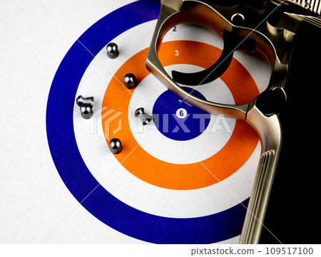 Paper Target with Air Pistol and Pellets Closeup View Paper Target with Air Pistol and Pellets Closeup View 109517100