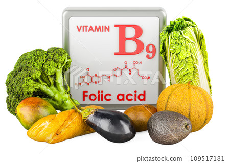 Products containing Vitamin B9, Folic Acid. 3D rendering isolated on white background 109517181