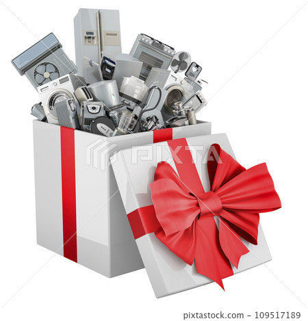 Gift box with kitchen and household appliances. 3D rendering Gift box with kitchen and household appliances. 3D rendering 109517189