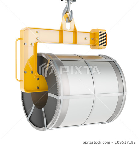 Crane hook with steel coil, 3D rendering Crane hook with steel coil, 3D rendering 109517192