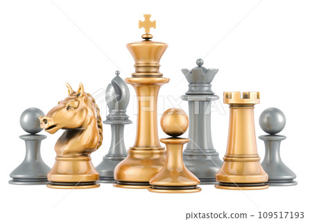 Golden and silver chess figures, 3D rendering Golden and silver chess figures, 3D rendering 109517193