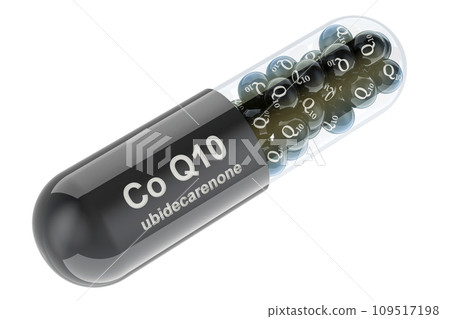 Coenzyme Q10 ubidecarenone capsule, 3D rendering Coenzyme Q10 ubidecarenone capsule, 3D rendering 109517198