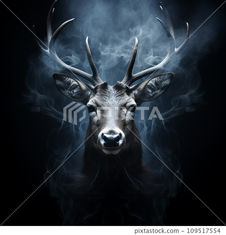 Head of a red deer with antlers in smoke and flames on black, unusual natural background, protect the forest from fire Head of a red deer with antlers in smoke and flames on black, unusual natural background, protect the forest from fire 109517554