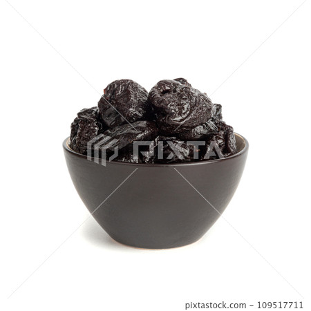 Dry Plums Isolated, Dried Black Fruits, Prune Group, Dry Plum Fruit on White Background 109517711