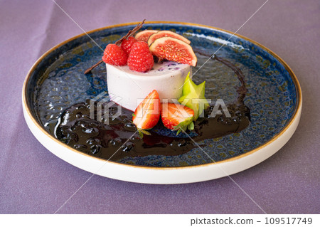 Blueberry Panna Cotta, Fruit Pannacotta, Creamy Italian Dessert, Panacotta with Figs, Raspberries, Strawberries 109517749