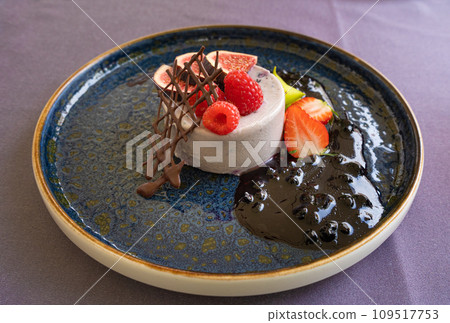 Blueberry Panna Cotta, Fruit Pannacotta, Creamy Italian Dessert, Panacotta with Figs, Raspberries, Strawberries 109517753